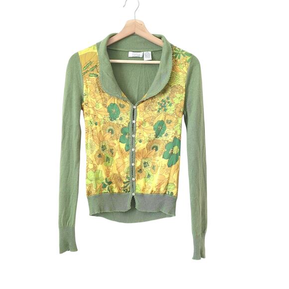 Barneys New York Cashmere Silk Cardigan XS Button-up Collard Sweater Floral - Picture 4 of 7